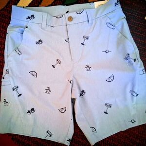 Penguin NWT Mens Shorts, Ligjt Blue, Navy print, Sz 30, MSRP $85